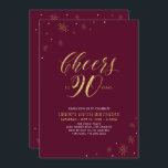 Invitation Salutations à 90 Gold & Burgundy 90th Birthday Par<br><div class="desc">Fêtons votre journée spéciale avec cette élégante invitation à la fête du 90e anniversaire. Ce design présente une typographie dorée chic "Cheers to 90 years" et des éléments dorés avec un arrière - plan rouge bordeaux. Vous pouvez customiser le texte et la couleur arrière - plan. D'autres articles de fête...</div>