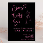 Invitation Salutations à vingt et un rose noir 21e anniversai<br><div class="desc">Fêtez le jalon du 21e anniversaire avec cette Cheers moderne à 21 Invitation anniversaire! Contre un arrière - plan noir chic, ces invitations sont faites d'une police manuscrite rose et de lunettes de champagne dessinées à la main, serrées les unes contre les autres. Parfait pour un 21ème anniversaire, le design...</div>