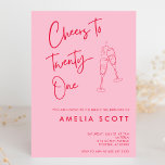 Invitation Salutations à vingt et un rose rouge 21e anniversa<br><div class="desc">Fêtez le jalon du 21e anniversaire avec cette Cheers moderne à 21 Invitation anniversaire! Placées contre un arrière - plan rose chic, ces invitations comportent une police manuscrite ludique et des lunettes de champagne dessinées à la main, serrées les unes contre les autres. Parfait pour un 21ème anniversaire, le design...</div>