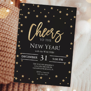 Invitation Salutations au New Year Gold Stars Confetti Party