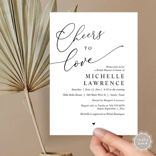 Invitation Salutations d'amour, Fête des mariées romantique (Cheers to love, Romantic Bridal Shower Party Invitation Card, PDF, in Black and White)