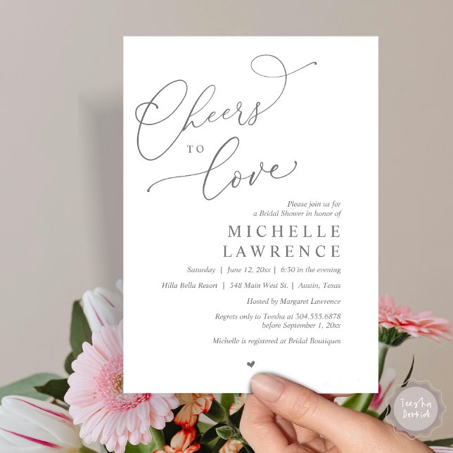 Invitation Salutations d'amour, Fête des mariées romantique (Cheers to love, Romantic Bridal Shower Party Invitation Card, PDF, in Dark Grey )
