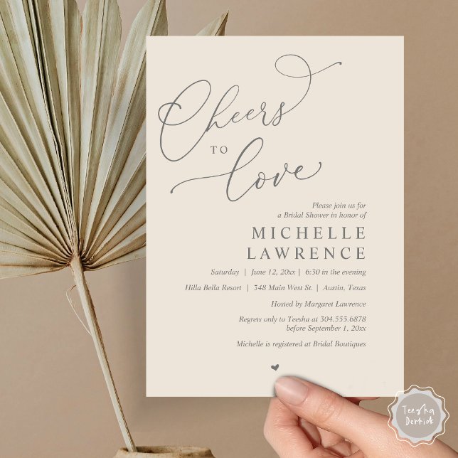 Invitation Salutations d'amour, Fête des mariées romantique (Cheers to love, Romantic Bridal Shower Party Invitation Card, PDF, in Dark Grey Cream)