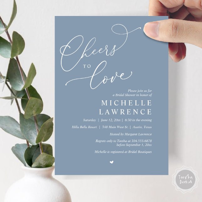 Invitation Salutations d'amour, Fête des mariées romantique (Cheers to love, Romantic Bridal Shower Party Invitation Card, PDF, in Dusty Blue)