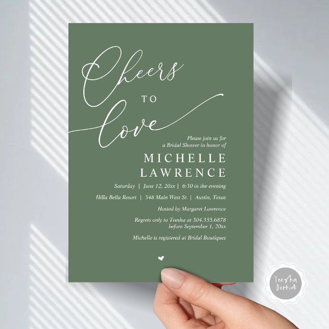 Invitation Salutations d'amour, Fête des mariées romantique (Cheers to love, Romantic Bridal Shower Party Invitation Card, PDF, in Forest Sage Green)