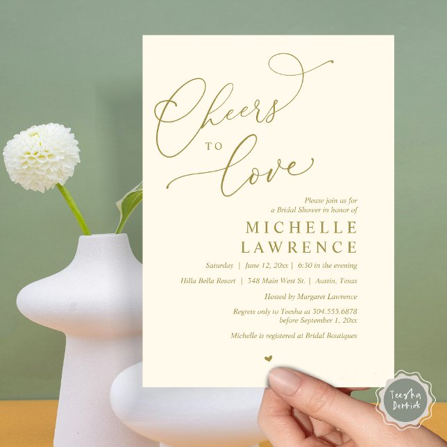 Invitation Salutations d'amour, Fête des mariées romantique (Cheers to love, Romantic Bridal Shower Party Invitation Card, PDF, in Retro Yellow Gold)