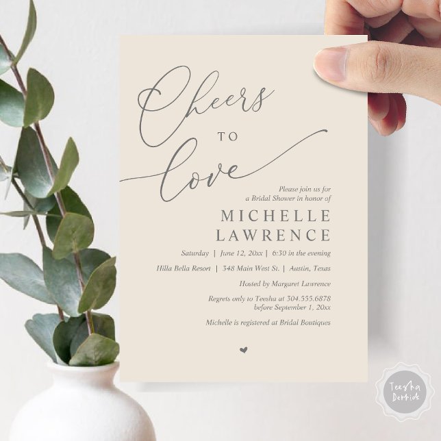 Invitation Salutations d'amour, Fête des mariées romantique (Cheers to love, Romantic Bridal Shower Party Invitation Card, PDF, in Dark Grey Cream)
