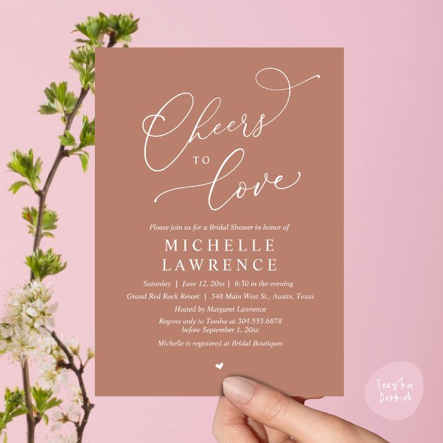 Invitation Salutations d'amour, Fête des mariées romantique (Cheers to love, Romantic Bridal Shower Party Dinner Wine Cocktail Invitation Card, PDF, Earthy Brown)