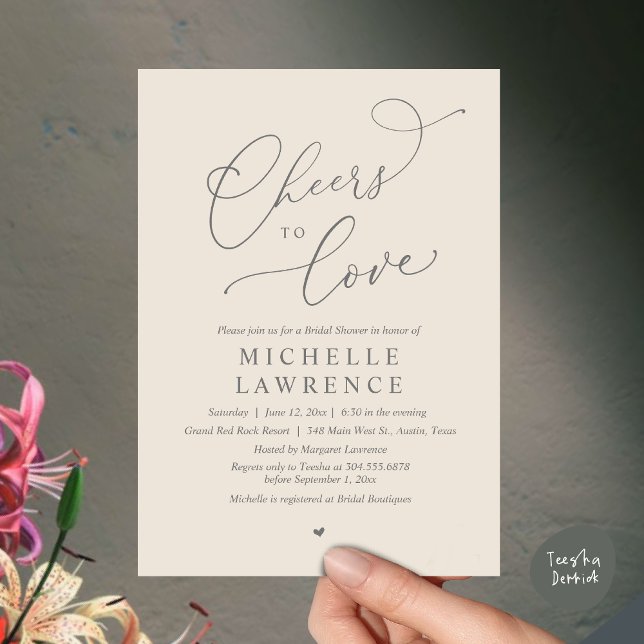 Invitation Salutations d'amour, Fête des mariées romantique (Cheers to love, Romantic Bridal Shower Party Dinner Wine Cocktail Invitation Card, PDF, Cream Grey)