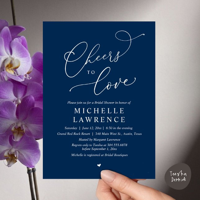 Invitation Salutations d'amour, Fête des mariées romantique (Cheers to love, Romantic Bridal Shower Party Dinner Wine Cocktail Invitation Card, PDF, Navy Blue)