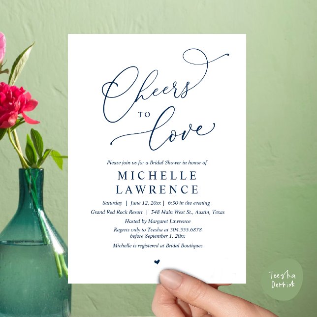 Invitation Salutations d'amour, Fête des mariées romantique (Cheers to love, Romantic Bridal Shower Party Dinner Wine Cocktail Invitation Card, PDF, Navy Blue)