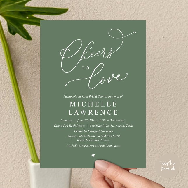 Invitation Salutations d'amour, Fête des mariées romantique (Cheers to love, Romantic Bridal Shower Party Dinner Wine Cocktail Invitation Card, PDF Greenery Sage)