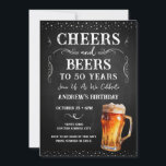 Invitation Salutations et bières 50e anniversaire Chalkboard<br><div class="desc">Salutations et bières Invitations d'anniversaire. Facile à personnaliser. Tout le texte est ajustable et facile à changer pour vos besoins de partie. Tableau de bord et éléments arrière - plans rustiques. Fun Chalkboard tourbillonne et fleurit. Boue à bière aquarelle. Invitations pour lui. Barre ou jardin barbecue design anniversaire. N'importe quel...</div>