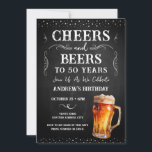 Invitation Salutations et bières 50e anniversaire Chalkboard<br><div class="desc">Salutations et bières Invitations d'anniversaire. Facile à personnaliser. Tout le texte est ajustable et facile à changer pour vos besoins de partie. Tableau de bord et éléments arrière - plans rustiques. Fun Chalkboard tourbillonne et fleurit. Boue à bière aquarelle. Invitations pour lui. Barre ou jardin barbecue design anniversaire. N'importe quel...</div>