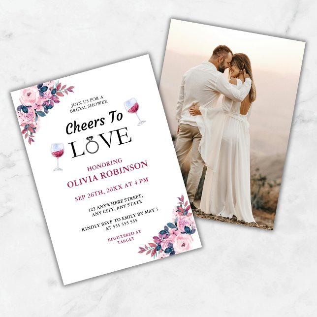 Invitation Salutations pour l'amour Floral Photo Vin Fête des (Cheers to Love Floral Photo Wine Bridal Shower Invitation )