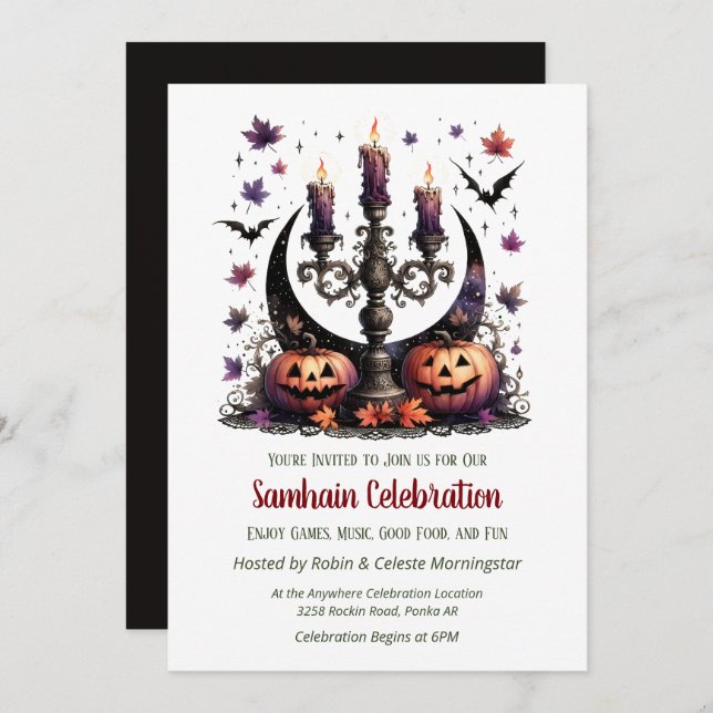 Invitation Samhain Moon Bats & Citrouilles Automne Halloween  (Devant / Derrière)