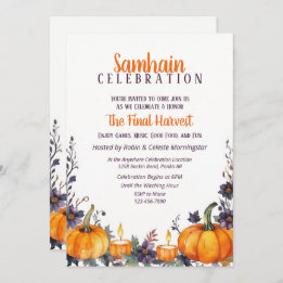 Invitation Samhain Party Automne Floral Citrouilles et bougie