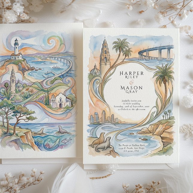 Invitation San Diego Coastal Landmarks Watercolor Wedding (Créateur téléchargé)