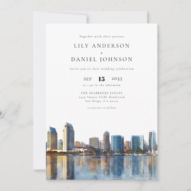 Invitation San Diego Skyline Watercolor QR Code Wedding (Devant)