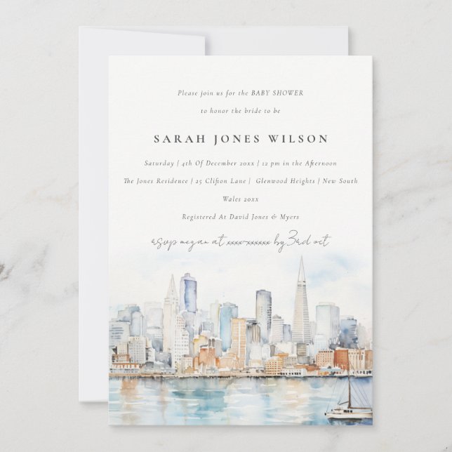 Invitation San Francisco Watercolor Landscape Baby Shower (Devant)
