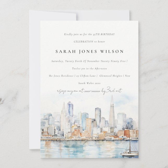 Invitation San Francisco Watercolor Landscape Birthday (Devant)
