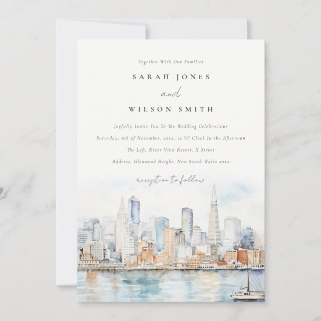 Invitation San Francisco Watercolor Landscape Wedding (Devant)