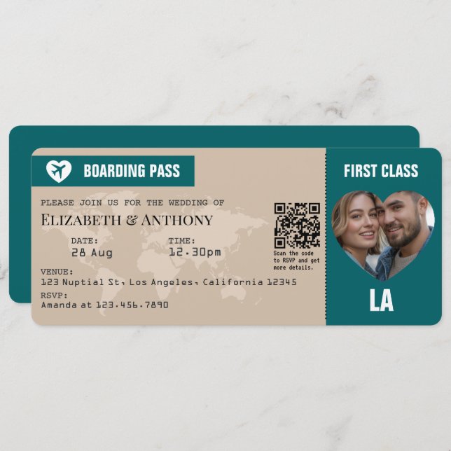 Invitation Sand Beige & Ocean Teal Boarding Pass Wedding (Devant / Derrière)
