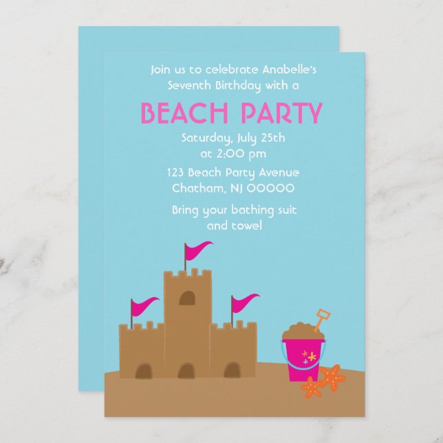 Invitation Sand Castle Beach et fête d'anniversaire d'été (Devant / Derrière)