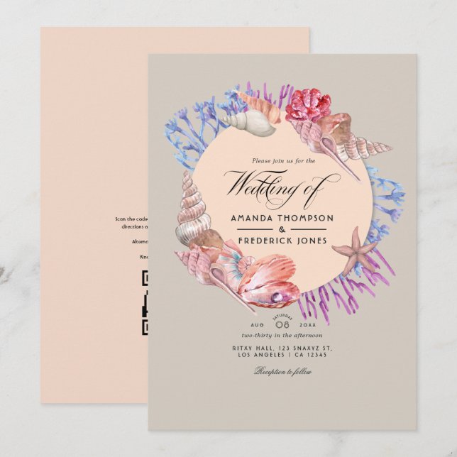 Invitation Sandy Beach QR Code RSVP Mariage (Devant / Derrière)