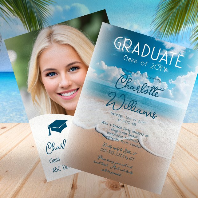 Invitation Sandy Beach Waves Graduate Photo Party (Beach "Graduate" Photo Graduation Party Invitation - Available in Print and/or Digital Download)