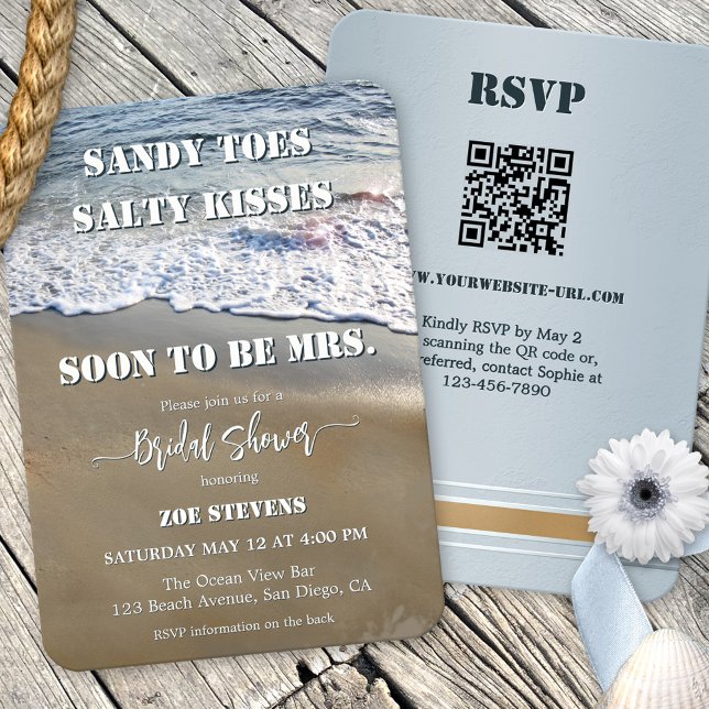 Invitation Sandy Toes Salty Kisses Fête des mariées (Salty kisses elegant beach bridal shower invitation featuring waves flowing on a sandy shore.)