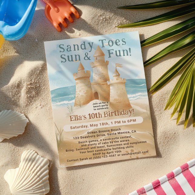 Invitation Sandy Toes Sun Fun Beach Sand Castle Enfant annive (Sandy Toes Sun Fun Beach Sand Castle Kid birthday Invitation)