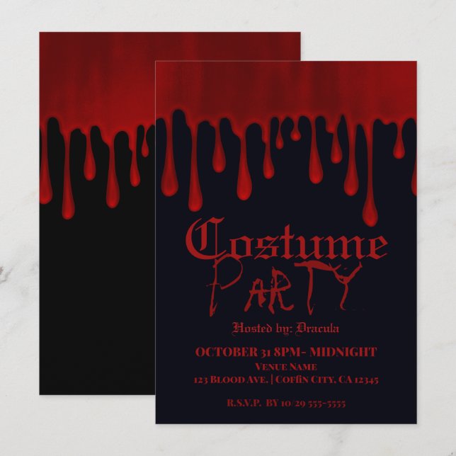 Invitation Sang de Satin Rouge qui Dégouline Soirée d'Hallowe (Devant / Derrière)