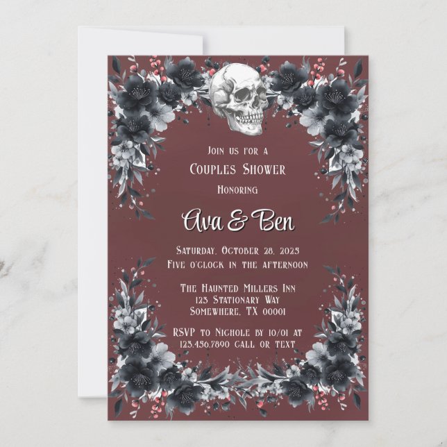 Invitation Sang Rouge Gothique Noir Floral Couples Douche (Devant)