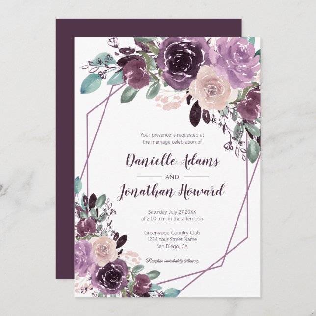 Invitation Sangria Mariage géométrique Floral violet | (Devant / Derrière)