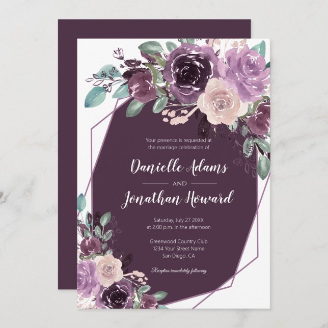 Invitation Sangria Mariage géométrique floral violet foncé | (Devant / Derrière)