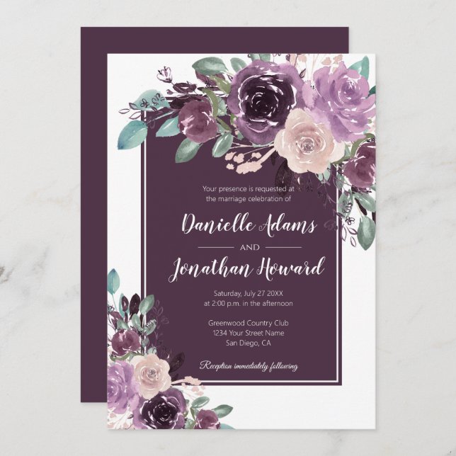 Invitation Sangria rustique Mariage de fleurs mauves violette (Devant / Derrière)