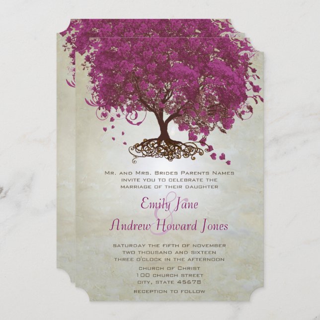 Invitation Sangria Vin Purple Coeur Feutre Mariage Arbre (Devant / Derrière)
