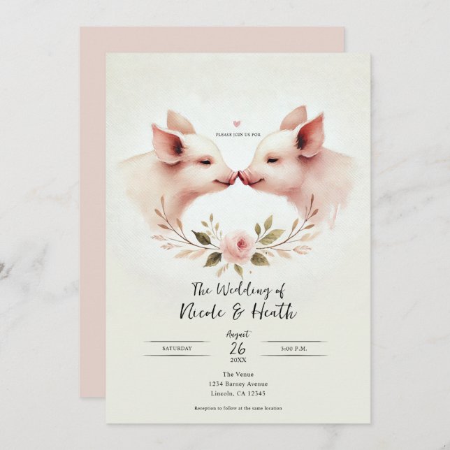 Invitation Sangsue rose à museau floral rustique Mariage (Devant / Derrière)