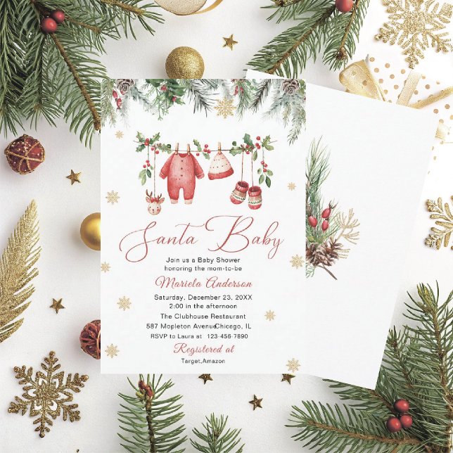 Invitation Santa aquarelle bébé hiver  maman futur bébé (Créateur téléchargé)