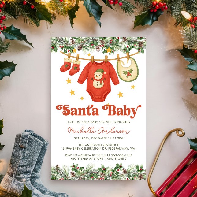 Invitation Santa Baby Christmas Clothesline Baby Shower  (Santa Baby Red Christmas Clothesline Baby Shower Invitation
)