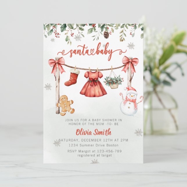 Invitation Santa Baby Christmas Girl Clothes Baby Shower (Debout devant)
