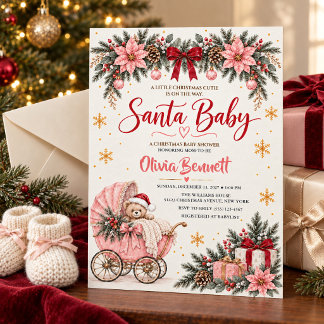 Invitation Santa Baby Fête de Naissance Rose Noël