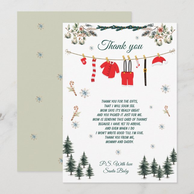Invitation Santa Baby Shower Christmas Theme Thank You Card (Devant / Derrière)