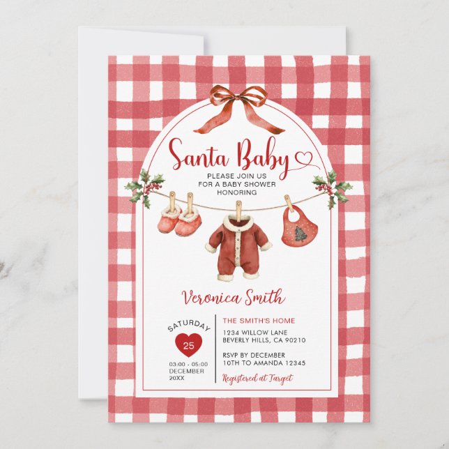 Invitation Santa Baby Shower Clothesline Ribbon Gingham (Devant)