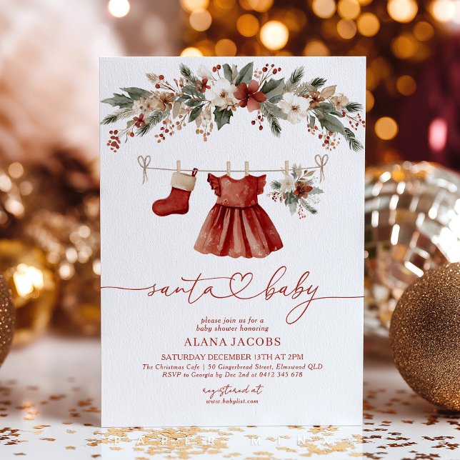 Invitation Santa Bébé Fille Robe Rouge de Noël (Santa Baby! Cute red and white Christmas Baby Shower Invitation for baby girl. )