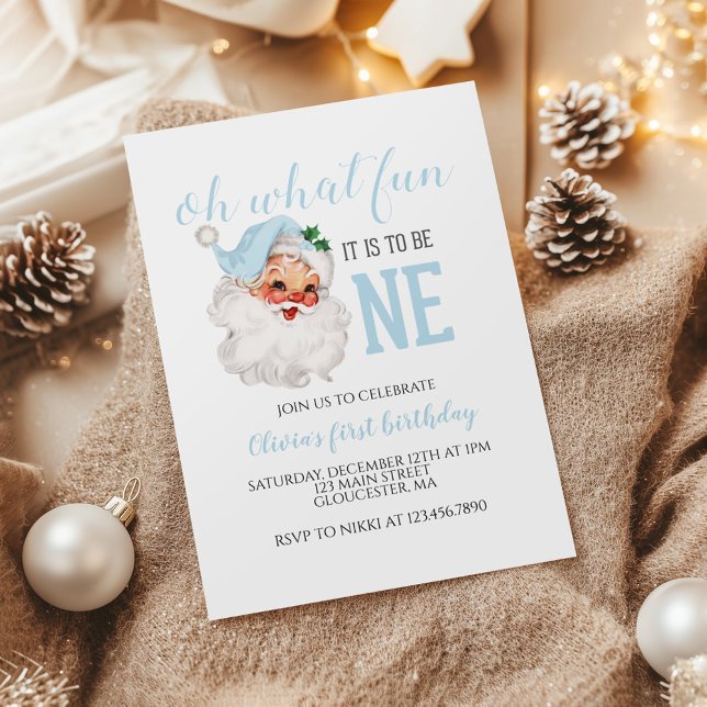 Invitation Santa bleu de Noël Premier Anniversaire (Créateur téléchargé)