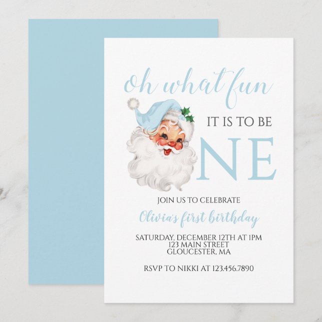 Invitation Santa bleu de Noël Premier Anniversaire (Devant / Derrière)
