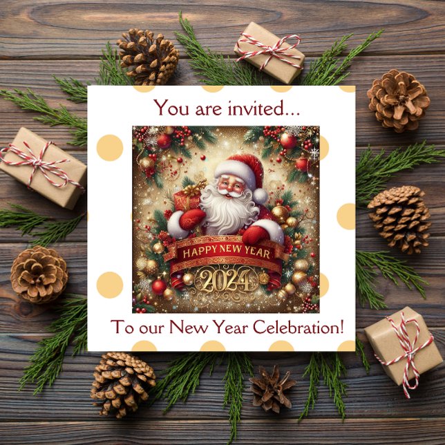 Invitation Santa Claus Joyeux Nouvel An or personnalisé (Santa Claus Happy New Year gold personalized Invitation)