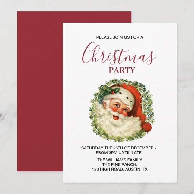 Invitation Santa Claus Vintage Retro Red Christmas Party (Devant / Derrière)